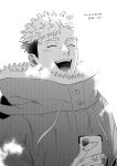  1boy blush ccccc_(jpn_m0) closed_eyes coat facial_mark fur-trimmed_coat fur_trim greyscale highres holding holding_phone itadori_yuuji jujutsu_kaisen male_focus monochrome open_mouth phone short_hair simple_background smile solo translation_request twitter_username 