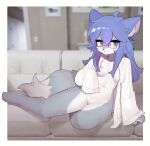 2023 anthro areola blue_eyes blue_hair breasts canid canine canis crayon_(artist) digital_media_(artwork) dipstick_tail eyewear feet female female_anthro fur furniture genitals glasses grey_body grey_fur hair hi_res kemono long_hair looking_at_viewer mammal markings mostly_nude nipples paws pussy rectangular_glasses sofa solo tail tail_markings toes wearing_glasses white_body white_fur wolf