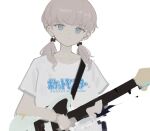  1girl blue_eyes closed_mouth collarbone copyright_request electric_guitar grey_hair guitar highres holding holding_guitar holding_instrument instrument looking_at_viewer low_twintails medium_hair orval pokemon shirt short_sleeves simple_background solo twintails upper_body white_background white_shirt 