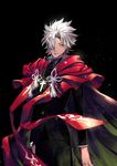  amakusa_shirou_(fate) black_background black_jacket black_pants brown_eyes cape closed_mouth cowboy_shot cross cross_necklace fate/apocrypha fate_(series) hair_over_one_eye jacket jewelry long_sleeves male_focus necklace one_eye_covered pants red_cape silver_hair simple_background solo spiked_hair standing tenobe 