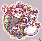  1boy 1girl :o ahoge animal_ears antlers arknights benizika blush bow box brown_eyes cabbie_hat candy candy_cane cat_ears cat_girl cat_tail chibi christmas commentary_request fake_antlers fingerless_gloves food gift gift_box gloves goldenglow_(arknights) goldenglow_(maiden_for_the_bright_night)_(arknights) green_hairband grey_background grey_gloves grey_hair grey_headwear grey_jacket grey_outline hair_between_eyes hairband hat highres holding holding_sack jacket open_mouth orange_eyes outline pink_hair red_(npc)_(arknights) red_nose reindeer_antlers sack signature striped striped_bow tail tail_bow tail_ornament twitter_username white_outline 