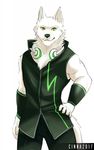  2017 anthro canine chest_tuft cinnahipster clothed clothing dog fully_clothed fur green_eyes headphones hi_res looking_at_viewer male mammal muscular muscular_male sero_tsugumine shirt simple_background smile solo standing tuft utau vest white_background white_fur wolf wristband 