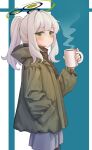  1girl absurdres black_pantyhose blue_archive blush closed_mouth commentary_request cowboy_shot cup green_eyes green_jacket grey_hair grey_skirt halo hare_(blue_archive) hare_(camp)_(blue_archive) highres holding holding_cup hood hood_down hooded_jacket jacket long_hair long_sleeves looking_at_viewer official_alternate_costume pantyhose ponytail ricke_2002 skirt solo 
