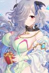  1girl ahoge awayuki_ramika bare_shoulders blue_hair blush box breasts cleavage closed_mouth collar diamond_cutout dress eitr_(fire_emblem) facial_mark fire_emblem fire_emblem_heroes gift gift_box goat_horns gradient_background grey_hair hair_over_one_eye highres horns large_breasts long_hair looking_at_viewer multicolored_hair pelvic_curtain red_eyes simple_background solo very_long_hair wavy_hair 