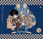  1boy :t ace_(playing_card) ace_of_clubs black_hair blue_background blue_eyes blue_footwear blue_socks boots brown_coat buttons card checkered_background checkered_socks closed_mouth club_(shape) coat commentary dated eating expressionless food full_body gingerbread_man highres holding holding_food jewelry lightning_bolt_symbol limited_palette long_sleeves looking_at_viewer male_focus medium_bangs merry_christmas nshenz52 playing_card ring short_hair socks solo sparkle symbol-only_commentary tobaku_haouden_zero ukai_zero 
