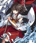  1girl ascot bow brown_eyes brown_hair commentary detached_sleeves frilled_bow frills gohei hair_bow hair_tubes hakurei_reimu highres holding holding_gohei kaigen_1025 long_hair open_mouth red_bow red_skirt ribbon-trimmed_sleeves ribbon_trim skirt skirt_set solo sunken_fossil_world touhou water yellow_ascot 
