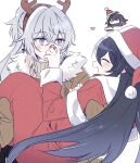  3girls 6_(yuchae) ahoge alternate_costume animal_ears blush bronya_zaychik brown_gloves brown_headwear chibi chibi_inset christmas closed_eyes crossed_bangs deer_ears dual_persona earrings fur-trimmed_jacket fur_trim gloves grey_eyes grey_hair hat heart honkai_(series) honkai_impact_3rd jacket jewelry korean_commentary long_hair looking_at_another multiple_girls open_mouth red_headwear red_sleeves santa_hat seele_(alter_ego) seele_vollerei seele_vollerei_(herrscher_of_rebirth) seele_vollerei_(starchasm_nyx) simple_background twintails upper_body yuri 