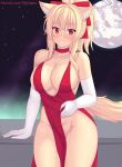  1girl animal_ears bare_shoulders blonde_hair blush breasts cat_ears cat_girl cat_tail choker cleavage closed_mouth collarbone commentary cowboy_shot dress elbow_gloves english_commentary full_moon gloves hair_ornament highres large_breasts long_hair looking_at_viewer moon night no_panties nottytiffy original outdoors patreon_username ponytail red_choker red_dress red_eyes sideboob smile solo tail thighs tiffy_(nottytiffy) white_gloves 