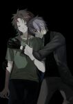  2boys absurdres black_background black_gloves black_pants black_sweater brown_hair brown_pants burn_scar closed_eyes closed_mouth coat commentary earrings gloves green_shirt grey_coat harada_minoru highres hug jewelry kyoko_(akakikyoko) long_hair long_sleeves male_focus multiple_boys open_clothes open_coat pants purple_hair red_eyes saibou_shinkyoku scar scar_on_face scar_on_forehead scar_on_hand shirt short_hair short_sleeves simple_background sweater symbol-only_commentary t-shirt theodore_riddle turtleneck turtleneck_sweater 