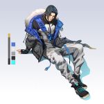  1boy bad_id bad_twitter_id black_footwear black_gloves black_hair bow_(weapon) closed_mouth fingerless_gloves fur-trimmed_jacket fur_trim gloves hage2013 hanzo_(overwatch) jacket long_sleeves male_focus medium_hair open_clothes open_jacket overwatch pants shoes simple_background sitting sneakers solo weapon 