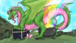 animal_genitalia bodily_fluids cauldron claws cloaca cloaca_juice coin dorsal_ridge dragon drooling drooling_tongue fangs female feral ferocious_ferals general_mills genital_fluids genitals gold_(metal) gold_coin grass green_body green_legs green_scales green_wings hi_res horn juice_string looking_at_viewer lucky_charms multicolored_body nature nature_background pink_body pink_claws pink_eyes pink_scales plant pot_of_gold presenting presenting_cloaca rainbow raised_tail red_tongue saliva saliva_on_tongue scales scalie shrub side_view sky slightly_chubby solo spade_tail spines tail teeth tongue tongue_out treasure_chest two_tone_body western_dragon wings