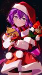  1girl bernadetta_von_varley bernadetta_von_varley_(winter) bike_shorts black_background blush capelet christmas christmas_ornaments christmas_wreath closed_mouth cowboy_shot dress fire_emblem fire_emblem:_three_houses fire_emblem_heroes fur-trimmed_headwear fur_trim gbbgb321 gloves grey_eyes hat hedgehog highres holding official_alternate_costume pom_pom_(clothes) purple_eyes purple_hair red_capelet red_dress red_gloves santa_costume santa_dress santa_hat scarf short_hair shorts solo stuffed_animal stuffed_hedgehog stuffed_toy wreath 