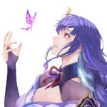  1girl armor breasts bridal_gauntlets bug butterfly cleavage crystalfly_(genshin_impact) from_side genshin_impact hair_ornament highres japanese_clothes kimono koko_(koko67956359) large_breasts long_hair looking_up parted_lips purple_butterfly purple_eyes purple_hair purple_kimono purple_nails raiden_shogun shoulder_armor solo upper_body white_background 