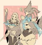  1girl artist_request bird bow_(weapon) dress jewelry long_hair monochrome pointy_ears princess_zelda revali rito smile the_legend_of_zelda the_legend_of_zelda:_breath_of_the_wild translation_request weapon 
