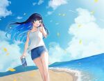  1girl alternate_costume beach binchou_maguro black_hair blue_eyes blue_hair breasts can cevio cloud cloudy_sky colored_inner_hair commentary_request contrail cutoffs denim denim_shorts dutch_angle falling_petals feet_out_of_frame floating_hair futaba_minato hair_ornament hairclip hand_in_own_hair hand_up highres holding holding_can horizon long_hair looking_at_viewer multicolored_hair ocean open_mouth outdoors petals short_shorts shorts simple_bird sky small_breasts smile solo tank_top two-tone_hair walking white_tank_top 