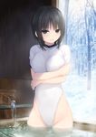  adapted_costume aoyama_sumika bangs bare_tree black_hair breast_hold breasts brown_eyes coffee-kizoku crossed_arms eyebrows_visible_through_hair gym_uniform highres leotard looking_at_viewer medium_breasts one-piece_swimsuit onsen original parted_lips short_hair short_sleeves snow solo swimsuit tree wading water white_leotard white_swimsuit 