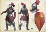 absurd_res accipitrid accipitriform anthro armor avian axe bird blue_eyes double_axe eagle feathers female front_view headgear helmet hi_res knight mace melee_weapon mikelocesterlanders model_sheet plate_armor polearm rear_view red_body red_feathers shield solo spear warrior weapon