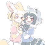  :d animal_ears bangs black_gloves black_neckwear black_skirt blonde_hair blue_shirt blush_stickers bow bowtie common_raccoon_(kemono_friends) elbow_gloves eyebrows_visible_through_hair fangs fennec_(kemono_friends) fox_ears fox_tail from_side fur_trim gloves grey_hair holding_hands interlocked_fingers kemono_friends looking_at_viewer mitsumoto_jouji multicolored_hair multiple_girls open_mouth pink_shirt pleated_skirt puffy_short_sleeves puffy_sleeves raccoon_ears raccoon_tail red_eyes shirt short_hair short_sleeves simple_background skirt smile smug standing tail two-tone_hair white_background white_gloves white_skirt yellow_neckwear yuri 
