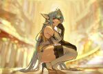  1girl absurdres bare_shoulders blue_hair blurry blurry_background breasts commentary_request elbow_gloves gloves hair_ornament highres kos-mos large_breasts long_hair looking_at_viewer negresco parted_lips red_eyes solo squatting thighhighs thighs very_long_hair white_thighhighs xenosaga 