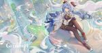  above_clouds ahoge bad_link bell blue_hair chinese_knot cloud collar day floating floating_island flower_knot ganyu_(genshin_impact) genshin_impact goat_horns gold_trim horns huaguang_stone_forest leotard leotard_under_clothes low_ponytail neck_bell official_art purple_eyes scenery white_sleeves 