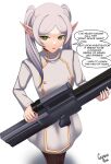  1girl absurdres assault_rifle caiman_pool elf english_commentary english_text frieren green_eyes gun h&amp;k_g11 highres looking_at_viewer looking_up pointy_ears rifle signature solo sousou_no_frieren turtleneck twintails weapon white_background white_hair 