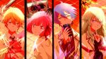  2boys 2girls a-ya_(shuuen_no_shiori) a-ya_(shuuen_no_shiori)_(cosplay) airabi aqua_hair b-ko_(shuuen_no_shiori) b-ko_(shuuen_no_shiori)_(cosplay) bandaged_ear bandages black_necktie blazer boxcutter brown_sweater button_eyes c-ta c-ta_(cosplay) cellphone chain-link_fence closed_mouth cloud collared_shirt column_lineup commentary_request cosplay d-ne d-ne_(cosplay) double-parted_bangs expressionless eyepatch fence floating floating_object from_behind green_hair hair_between_eyes hair_ribbon highres holding holding_stuffed_toy jacket kamishiro_rui kusanagi_nene lapels long_hair long_sleeves looking_at_viewer looking_back loose_necktie multicolored_hair multiple_boys multiple_girls necktie notched_lapels ootori_emu open_clothes open_collar open_jacket open_mouth orange_hair orange_sky outdoors parted_lips phone pink_eyes pink_hair portrait_(object) project_sekai purple_hair red_ribbon red_trim ribbon school_uniform shirt short_hair shuuen_no_shiori_project sky smartphone splatter streaked_hair stuffed_animal stuffed_rabbit stuffed_toy sunset sweater tenma_tsukasa upper_body white_shirt wonderlands_x_showtime_(project_sekai) yellow_eyes yellow_jacket 