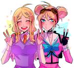  2girls ahoge akamatsu_kaede backpack bag barbed_wire blonde_hair blue_eyes blush breasts choker cleavage danganronpa duo eyes_closed fingerless_gloves gloves goggles goggles_on_head hair_bun hair_ornament hairclip happy huyandere iruma_miu long_hair multiple_girls musical_note musical_note_hair_ornament necktie new_danganronpa_v3 open_mouth pink_shirt school_uniform serafuku shirt sweater sweater_vest tie tied_hair twintails uniform wink 