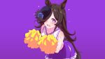  1girl @_@ alternate_costume animal_ears blush breasts cheerleader commentary_request hair_ornament hat highres horse_ears horse_girl horse_tail long_hair looking_at_viewer pom_pom_(cheerleading) purple_background purple_eyes rice_shower_(umamusume) shijima_(shizima_03) sleeveless small_breasts solo sweat tail umamusume 