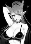  1girl animal_ears arm_behind_head artist_name bikini bikini_top_only brassica breasts choker cleavage collarbone commission greyscale hair_ribbon heart highres large_breasts long_hair monochrome original pointy_ears ponytail ribbon solo swimsuit teeth upper_body 