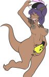 anthro banana breasts brittany_sweetbottom brown_nipples cherryblossomgames claws clothing convenient_censorship dragon dragon_sleuth_brittany exwolf85 eyes_closed female food fruit hair hat headgear headwear hi_res long_hair navel nipples nude open_mouth plant ponytail purple_hair raised_leg sharp_teeth simple_background smile solo teeth toe_claws tongue white_background wide_hips