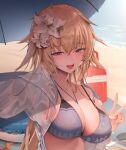  1girl absurdres bare_shoulders bikini blonde_hair blue_eyes blush breasts cleavage collarbone fate/grand_order fate_(series) grey_bikini highres jeanne_d&#039;arc_(fate) jeanne_d&#039;arc_(ruler)_(fate) large_breasts long_hair looking_at_viewer open_mouth smile swimsuit very_long_hair zerocat 