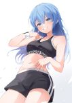  1girl absurdres black_pants blue_eyes blue_hair blue_nails bra breasts eat_some_cookie hair_between_eyes highres hololive hoshimachi_suisei long_hair medium_breasts navel pants shorts simple_background smile solo standing stomach sweatband teeth training_bra underwear virtual_youtuber white_background 