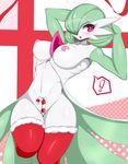  1girl breasts candy_cane gardevoir green_hair hair_over_one_eye nipples no_humans pokemon red_eyes red_thighhighs sana!rpg 