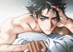  1boy bare_arms bed_sheet black_hair blue_eyes close-up colored_skin ear_piercing earrings genshin_impact grey_hair hand_in_own_hair jewelry kanapy looking_at_viewer lowres lying male_focus messy_hair multicolored_hair on_bed on_stomach piercing scar scar_on_arm scar_on_cheek scar_on_chest scar_on_face sheet_grab solo stud_earrings toned topless topless_male white_skin wriothesley_(genshin_impact) 