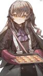  1girl ascot black_dress brown_hair dress food girls&#039;_frontline hair_between_eyes highres holding holding_food holding_tray long_hair looking_at_viewer mittens orange_eyes purple_ascot scar scar_across_eye scar_on_face smile tkom tray twitter_username two-tone_dress ump45_(agent_lop_rabbit)_(girls&#039;_frontline) ump45_(girls&#039;_frontline) upper_body white_background white_dress 