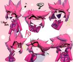 alastor_(hazbin_hotel) angry animal_humanoid bodily_fluids bow_ribbon clothed clothing cross-popping_vein crossgender crying deer_ears demon expressions female fur hair happy hazbin_hotel hi_res humanoid open_mouth pink_hair red_eyes shocked short_hair simple_background skull_symbol solo tears usagi_star