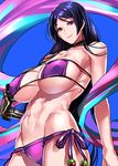  abs bare_shoulders bikini blush breasts cleavage collarbone eyepatch_bikini fate/grand_order fate_(series) large_breasts long_hair looking_at_viewer minamoto_no_raikou_(fate/grand_order) minamoto_no_raikou_(swimsuit_lancer)_(fate) navel purple_bikini purple_eyes purple_hair smile solo swimsuit tenobe very_long_hair 