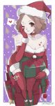  1girl alternate_costume bare_shoulders breasts brown_eyes brown_hair chako_(p4amg1208) christmas collarbone commentary_request dress elbow_gloves full_body gloves hat heart highres looking_at_viewer okumura_haru one_eye_closed persona persona_5 santa_hat short_hair sitting smile solo spoken_heart strapless strapless_dress thighhighs 