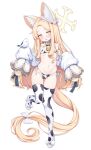  1girl animal_ear_fluff animal_ears animal_print bare_shoulders bikini bird black_bow blonde_hair blue_archive blush bow breasts cow_print cow_print_bikini cow_print_thighhighs detached_sleeves flat_chest flower forehead fox_ears fox_tail full_body hair_flower hair_ornament halo high_heels long_hair long_sleeves looking_at_viewer navel print_bikini print_thighhighs seia_(blue_archive) side-tie_bikini_bottom simple_background sleeves_past_fingers sleeves_past_wrists small_breasts standing standing_on_one_leg stomach string_bikini swimsuit tail thighhighs tit_(bird) very_long_hair white_background yako yellow_eyes yellow_halo 