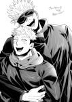  2boys black_jacket blindfold blush ccccc_(jpn_m0) covered_eyes facial_mark gojou_satoru greyscale highres hood hood_down hoodie itadori_yuuji jacket jujutsu_kaisen looking_at_another male_focus monochrome multiple_boys open_mouth short_hair simple_background smile translation_request upper_body 