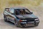  black_car car colored_pencil_(medium) motor_vehicle nissan nissan_skyline nissan_skyline_gt-r nissan_skyline_r32 no_humans original recaro simple_background spoiler_(automobile) traditional_media vehicle_focus yellow_background 