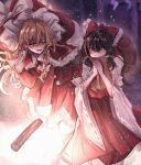 2girls alternate_costume annin_cha bag black_hair blonde_hair bow braid broom broom_riding brown_eyes closed_mouth commentary eye_contact frilled_bow frilled_hair_tubes frills hair_bow hair_tubes hakurei_reimu hat hat_bow highres holding holding_bag kirisame_marisa long_hair long_sleeves looking_at_another multiple_girls open_mouth own_hands_together red_bow red_skirt ribbon-trimmed_sleeves ribbon_trim santa_costume scarf side_braid single_braid skirt skirt_set smile snowing touhou white_bow witch_hat yellow_eyes yellow_scarf 