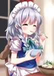  1girl blurry blurry_background bowl braid closed_eyes commentary_request food grey_hair highres holding holding_bowl indoors izayoi_sakuya maid maid_headdress medium_hair ruu_(tksymkw) short_sleeves side_braids solo touhou twin_braids window 