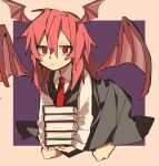  1girl bat_wings black_skirt black_vest book collared_shirt demon demon_girl demon_wings flying hair_between_eyes head_wings highres holding holding_book koakuma long_hair long_skirt long_sleeves looking_at_viewer necktie purple_background red_eyes red_hair red_necktie shirt simple_background skirt sleeves_past_wrists so_happy_64 touhou two-tone_background vest white_background white_shirt wings 