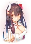  aiguillette azur_lane bangs black_hair blush breasts cleavage cleavage_cutout closed_mouth commentary_request eyebrows_visible_through_hair flower hair_between_eyes hair_flower hair_ornament hair_over_one_eye hiei_(azur_lane) highres horns large_breasts long_hair looking_at_viewer red_flower red_rose rose smile solo tatapopo upper_body yellow_eyes 