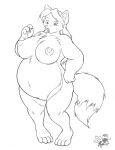 4_fingers 4_toes anime_eyes anthro areola bangs belly canid canine claws cownugget digital_media_(artwork) feet female fingers fox hair line_art long_hair mammal monochrome navel nipples nude obese obese_female overweight overweight_female signature solo surprised_expression thick_thighs toes underbelly