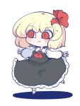  1girl ascot black_skirt black_vest blonde_hair blush chahan_(fried_rice0614) chibi collared_shirt commentary frilled_shirt_collar frilled_skirt frills full_body hair_ribbon highres long_sleeves looking_to_the_side outstretched_arms puffy_sleeves red_ascot red_eyes red_footwear red_ribbon ribbon rumia shadow shirt short_hair simple_background skirt smile socks solo standing standing_on_one_leg touhou vest white_background white_shirt white_sleeves white_socks 