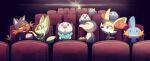  bad_link black_hair bulbasaur chainsaw_man colored_sclera cup cyndaquil disposable_cup drawfag drinking_straw fennekin food highres litten movie_theater mudkip no_humans oshawott pokemon popcorn red_eyes rowlet sitting sprigatito squirtle torchic yellow_sclera 