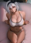  1girl artist_name bare_arms bea_(pokemon) black_hairband blue_eyes bow_hairband breasts cleavage closed_mouth collarbone covered_nipples dark-skinned_female dark_skin flowerxl from_above grey_hair hair_between_eyes hairband head_tilt large_breasts light_smile looking_at_viewer navel patreon_username pokemon pokemon_swsh short_hair sitting solo sports_bra stomach thighs toned two-tone_panties white_sports_bra 