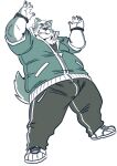 2023 anthro belly bottomwear canid canine canis clothing domestic_dog hi_res humanoid_hands kemono lifewonders live_a_hero male mammal mokdai one_eye_closed overweight overweight_male pants raozone shirt simple_background solo topwear white_background wink